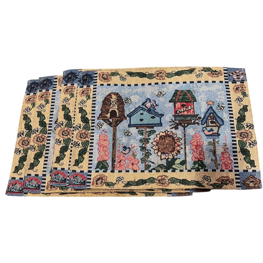 Set of 4 Woven Tapestry Placemats Birdhouse Sunflower Garden Country Decor 18x13